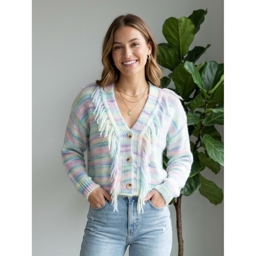 NWT Vernacular Pastel Rainbow Fringe Knit Button Front Cardigan S/M Soft Girl